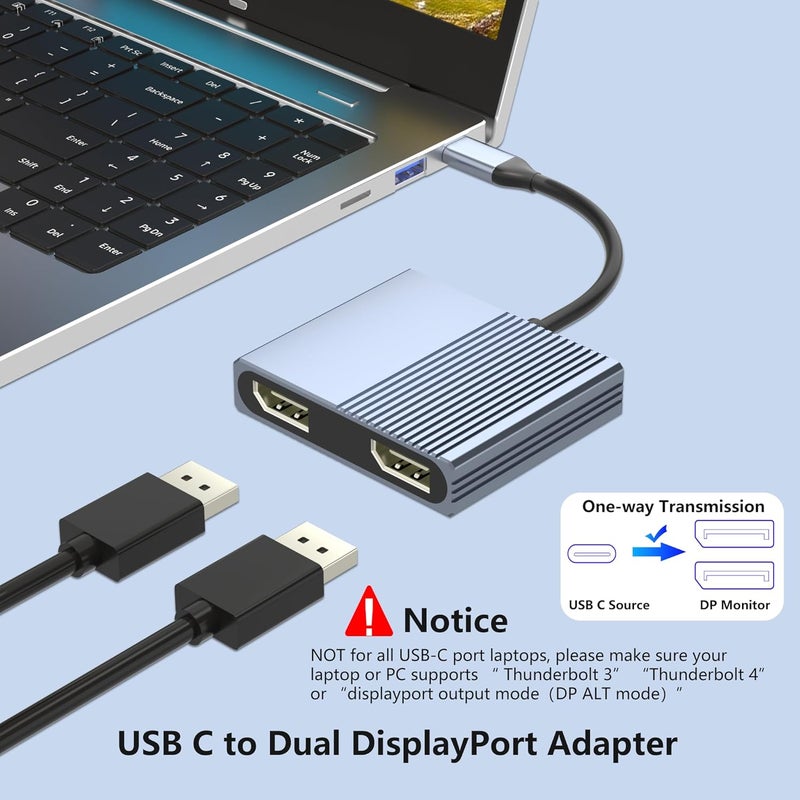 Movcle USB C to Dual Displayport Adapter for Mac/Dell/HP Laptop, 4K@60Hz Displayport Splitter 1 in 2 Out for Dual Monitors Extended Display, USB C to Display Port Cable, Dual Monitor Adapter, MST Hub - Image 2